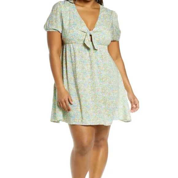 Bp. Womens Tie Front Mini Dress Green Multi Maisey Ditsy Floral Plus Size 1X - Picture 1 of 12